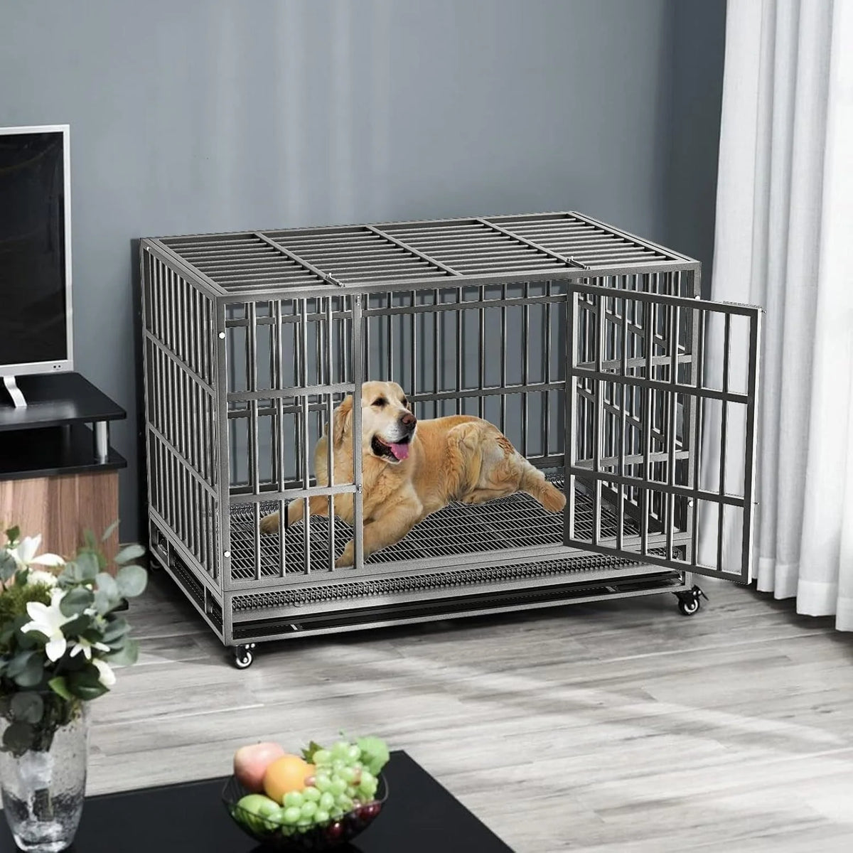 Cage pour chien BOSSIN robuste et indestructible de 48/38 po, chenil anti-fugue avec roulettes verrouillables