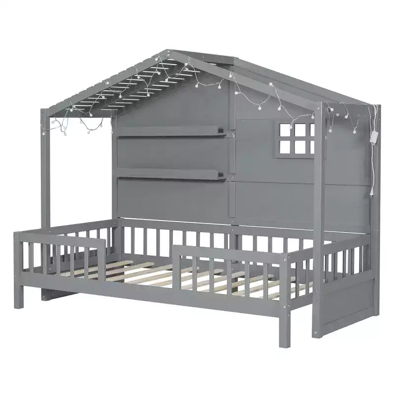 Twin Size House Bed with Storage Shelves and Rails, Wood Kids Montessori Bed Frame with Window and Sparkling Light Strip