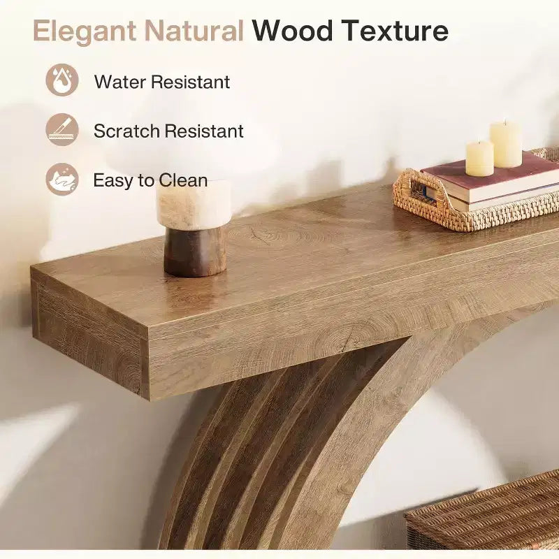 Mesa de entrada Lantine de 63 pulgadas, mesa de sofá de 2 niveles detrás del sofá, consola estrecha de estilo rústico con arco único para pasillo, sala de estar, recibidor, natural