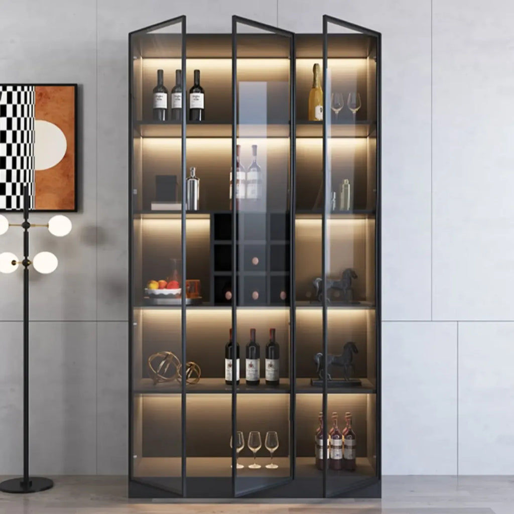 Minimalistischer schwarzer Weinschrank aus Holz mit Glastür