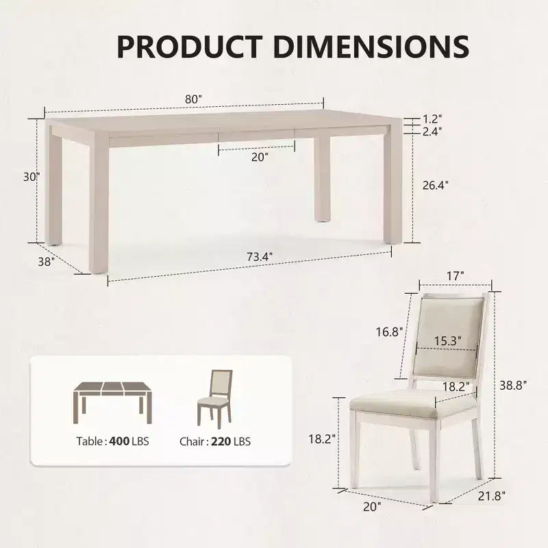 Modern Dining Set - 80 Table + 6 Cushioned Chairs, Solid Wood Frame, 400lbs Table Capacity, Easy Assembly