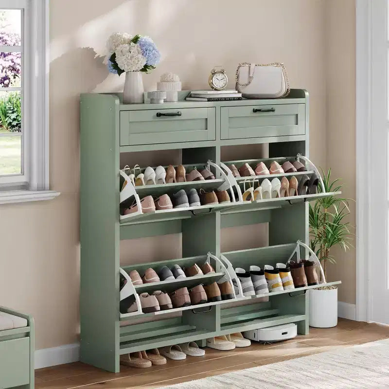 Shoe Cabinet with 4 Flip Drawers & 2 Top Drawers, Wooden Shoe Organizer Cabinet with Adjustable Shelf, Freestanding Shoe Storage Cabinets