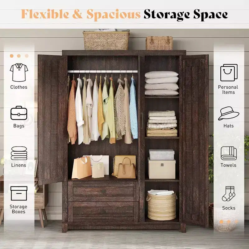 AMERLIFE 47 Farmhouse Wardrobe Armoire with 3 Doors, 2 Drawers, Hanging Rod & Adjustable Shelves, Freestanding Closet Organizer