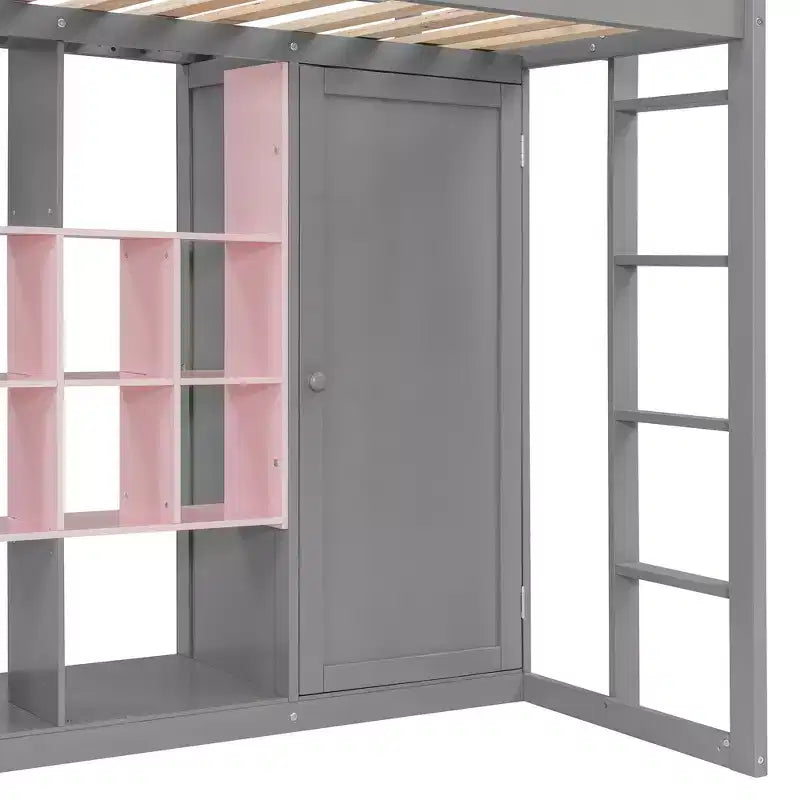 Letto a soppalco per bambini con armadio e mensole, struttura letto a soppalco in legno con mobile contenitore per bambini e ragazzi