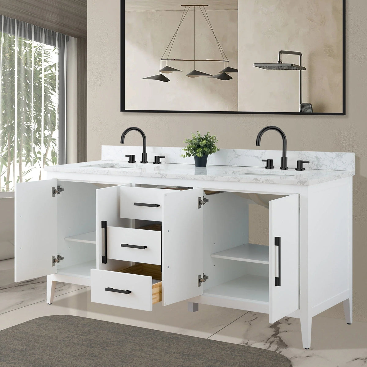 Vanity Art 72 badkamermeubel met dubbele wastafel en blad van composietmarmer