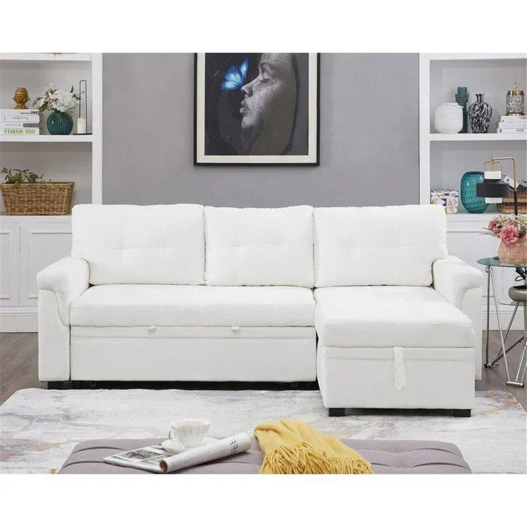 Divano componibile reversibile trasformabile con letto estraibile, chaise longue con contenitore nascosto e gambe resistenti