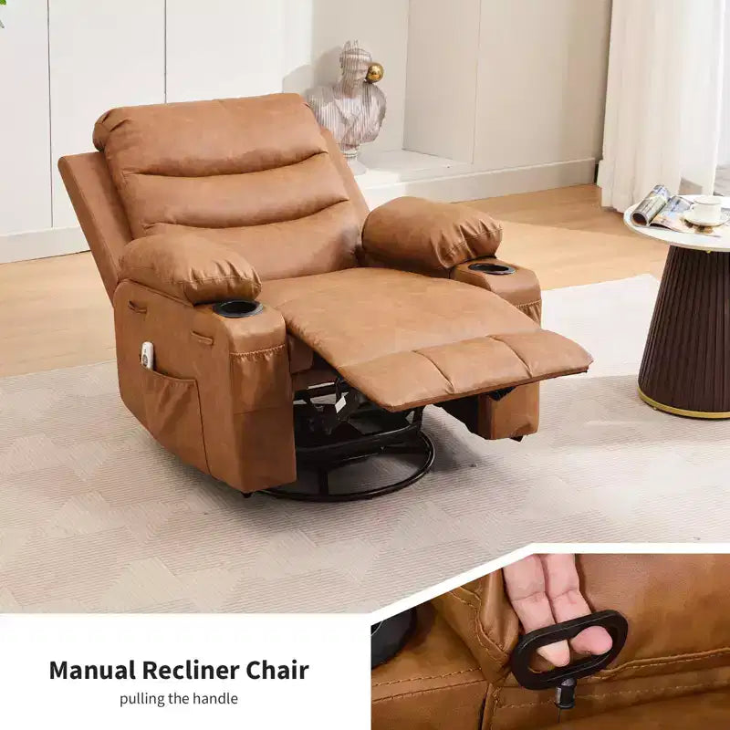 Sillón reclinable mecedor giratorio de 360° extragrande con masaje y calor: silla ergonómica de descanso con portavasos y bolsillos laterales para la sala de estar o el dormitorio infantil