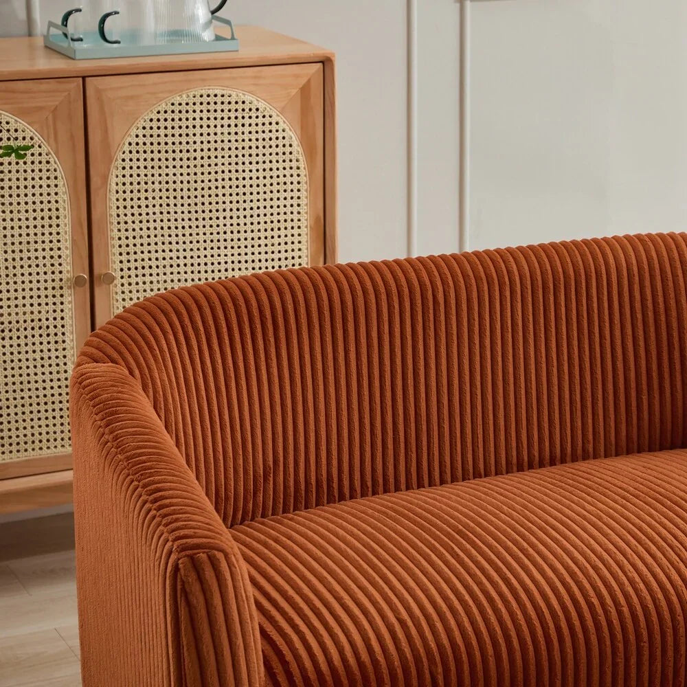 2-zitsbank met bekleding van corduroy en houten poten in walnootkleur