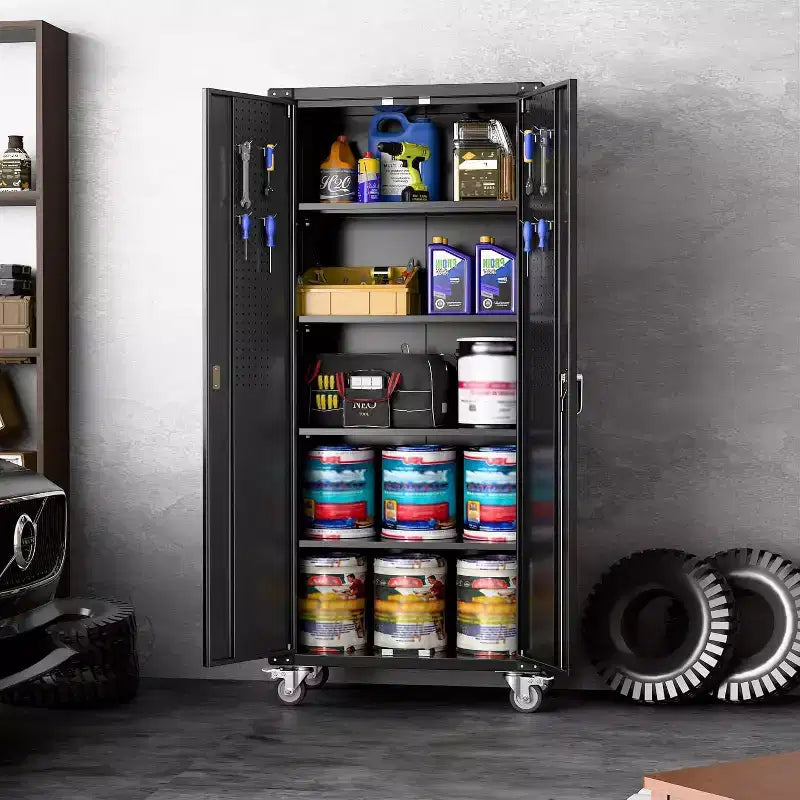 Garage Storage Cabinet with Wheels & Pegboard, 72 H Locking Metal Storage Cabinet with 2 Doors & 4 Adjustable Shelves for Garage Workshop
