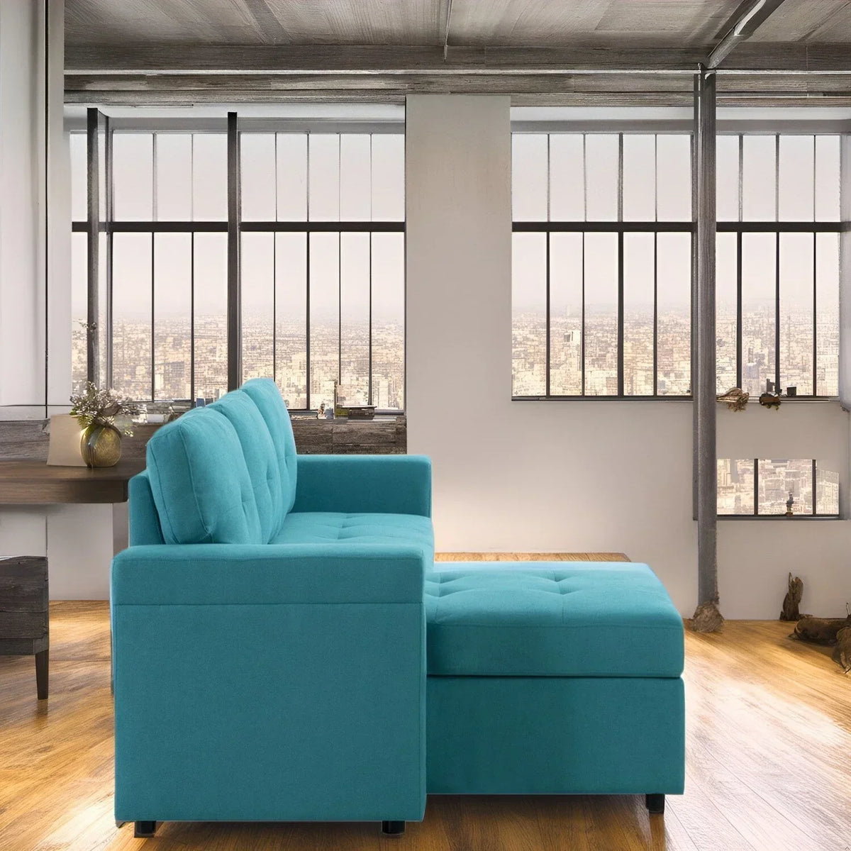 Divano componibile reversibile trasformabile con letto estraibile, chaise longue con contenitore nascosto e gambe resistenti
