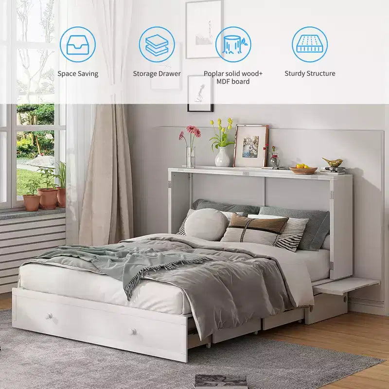 Cama abatible Mjkone tamaño queen, cama tipo armario cúbico con estación de carga y espacio de almacenamiento