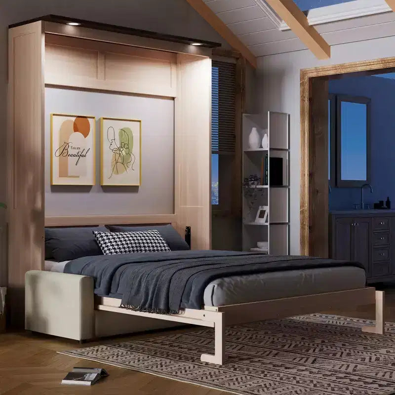 Murphy-bed in queensize met bank, houten kastbed in queensize met ledverlichting, opklapbaar wandbed voor de logeerkamer, beige