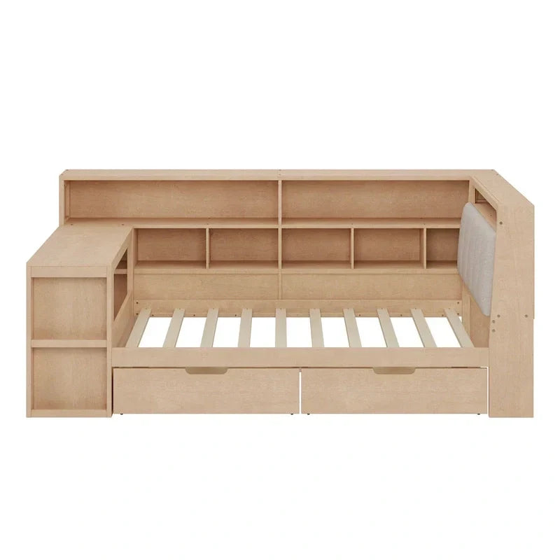 L-förmiges Holz-Sofa-Tagesbett mit Schreibtisch, Bücherregal-Schrank, Eckbett mit Schubladen unter dem Bett, gepolstertem Kopfteil und integrierter Beleuchtung