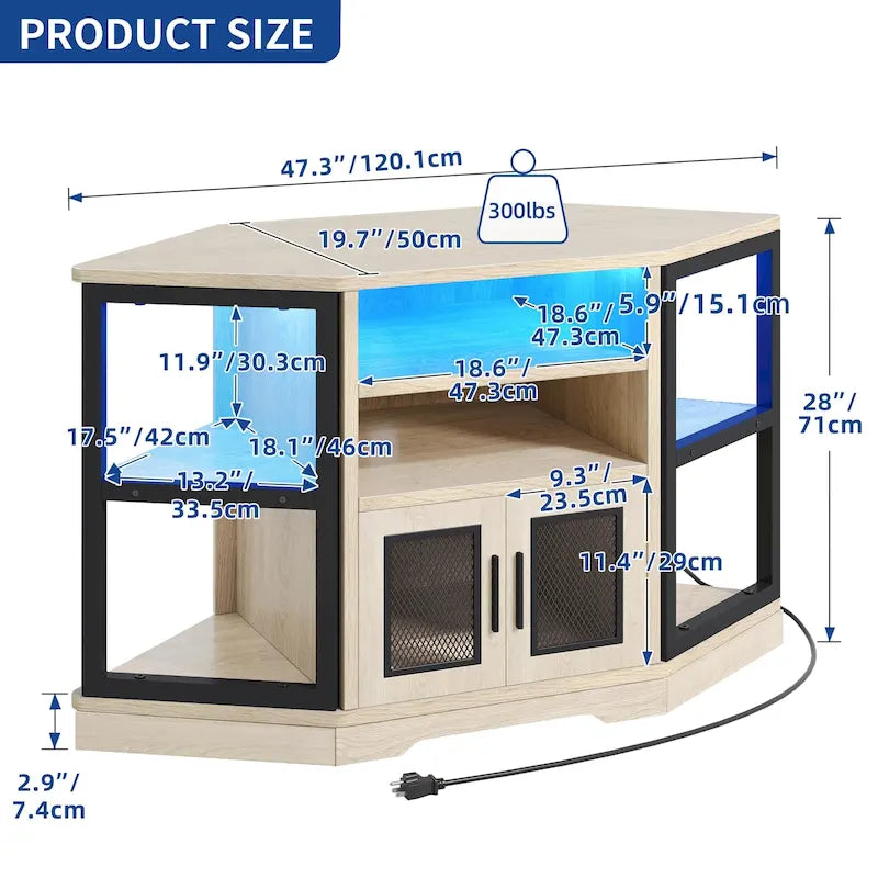 Meuble TV d’angle de style maison de campagne, centre de divertissement et console multimédia pour téléviseurs jusqu’à 55 po, avec prise électrique