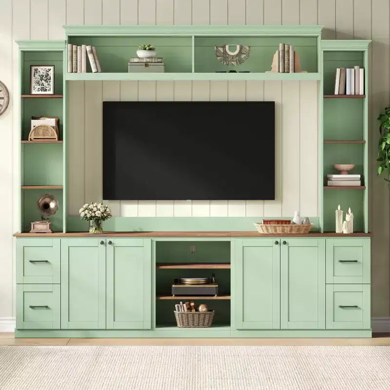 ModernLuxe 4-in-1 entertainmentcentrum in boerderijstijl, wandmeubel geschikt voor tv's tot 70 inch, tv-meubel en mediaconsole met verstelbare planken en laden