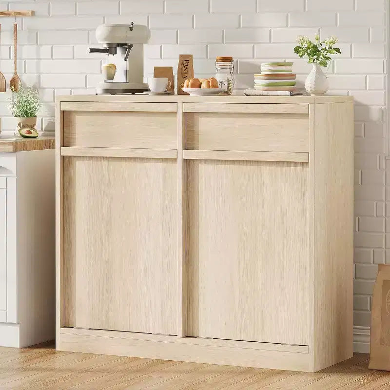 Tiltable Trash Can, Natural Oak, Trash Can with Storage and Drawer, Hidden Trash Cabinet, Laundry Basket for Kitchen, Dining Room, Living Room