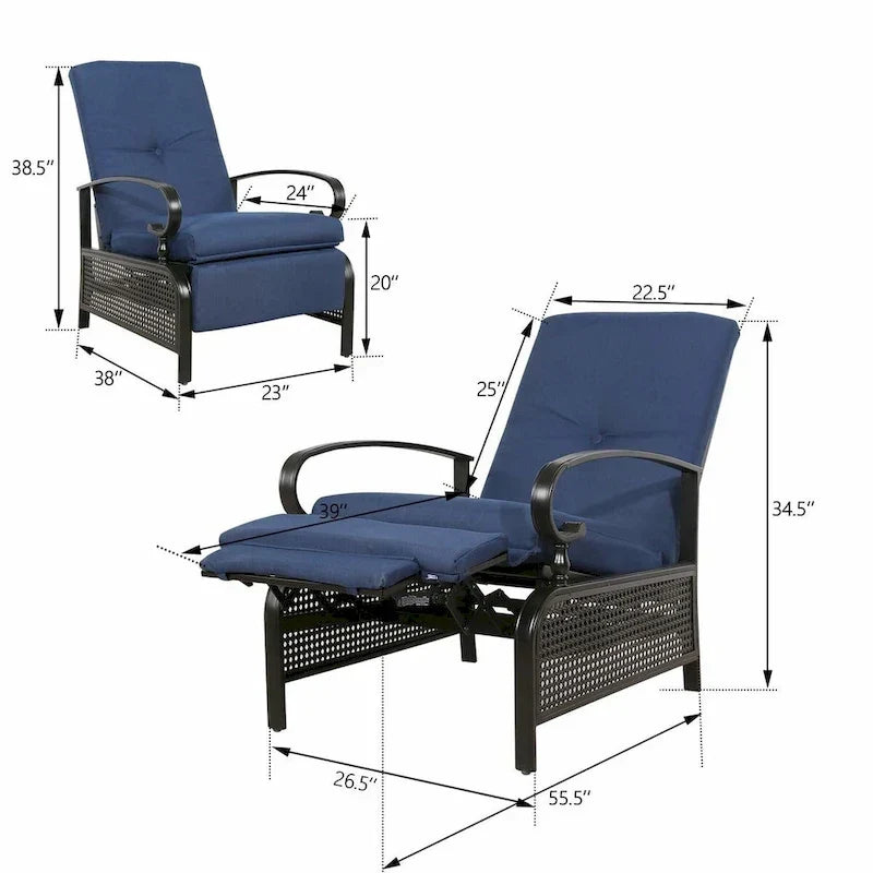 Verstellbarer Relaxsessel für Terrasse, Lounge-Sofa mit Kissen – 38 (T) × 26,5 (B) × 38,5 (H) Zoll