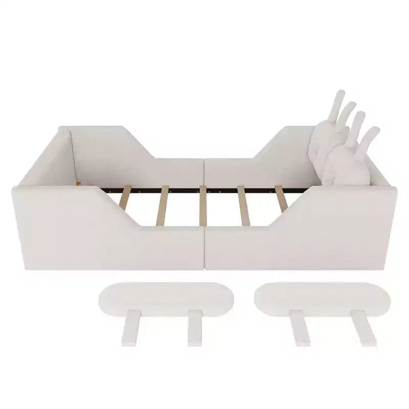 Whisen Twin Platform Bed, Kids Floor Upholstered Bed Frame with Rabbit Cushion, Removable Side Rails