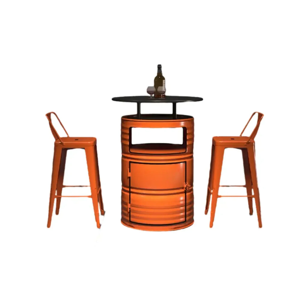 Tables de bar industrielles en métal noir et orange en forme de fût pour rangement