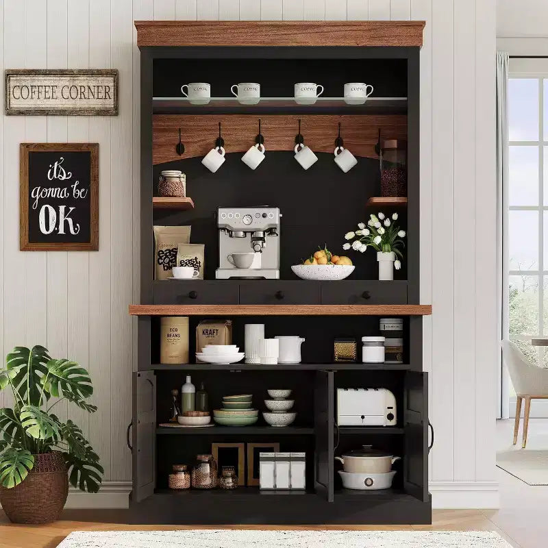 183 cm hoher Kaffeebarschrank im Landhausstil mit LED-Beleuchtung, Küchenbuffet mit Türen und Schublade, verstellbaren Regalböden und geräumigem Stauraum