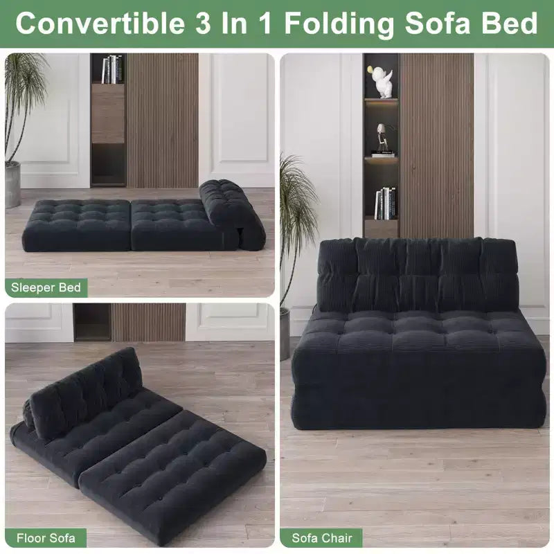 Canapé-lit futon pliant en velours côtelé, fauteuil convertible au sol avec coussin et soutien dorsal, format double
