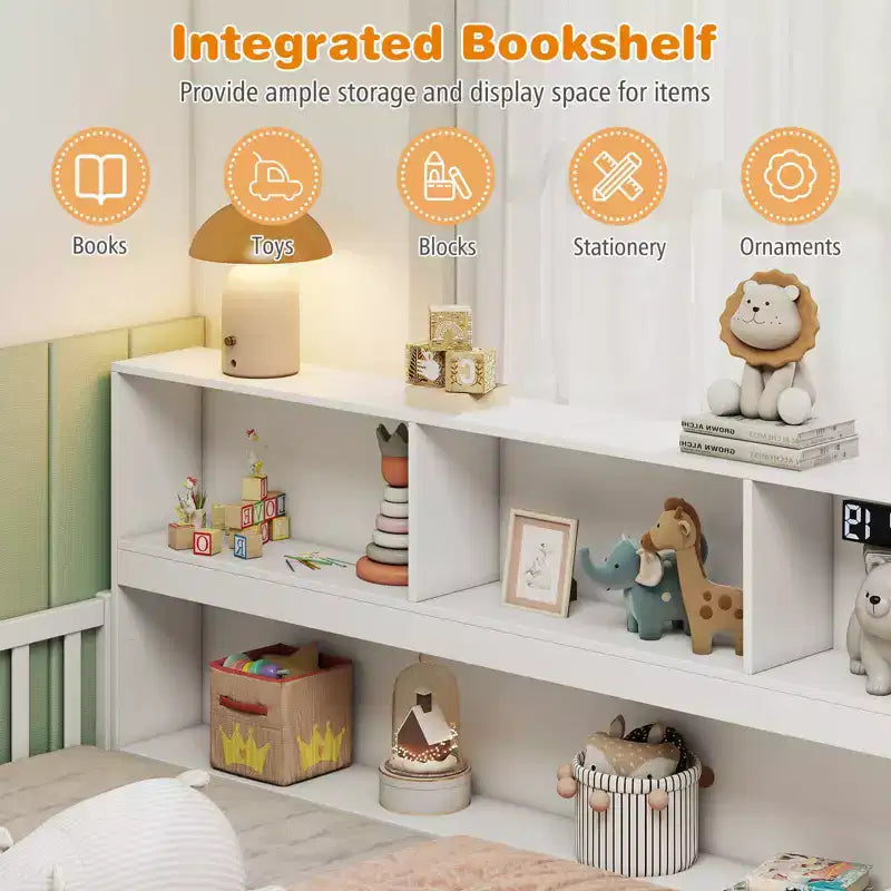 Montessori-vloerbed voor eenpersoons- of tweepersoonsmatras met boekenkast, opbergplanken en veiligheidshekken, wit/grijs