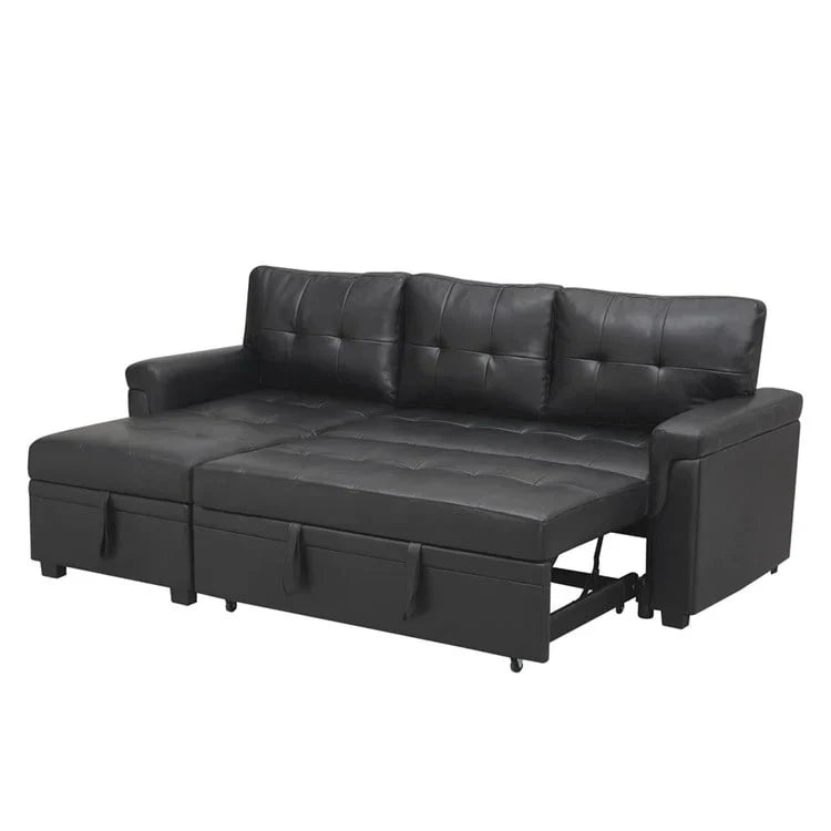 Divano componibile reversibile trasformabile con letto estraibile, chaise longue con contenitore nascosto e gambe resistenti