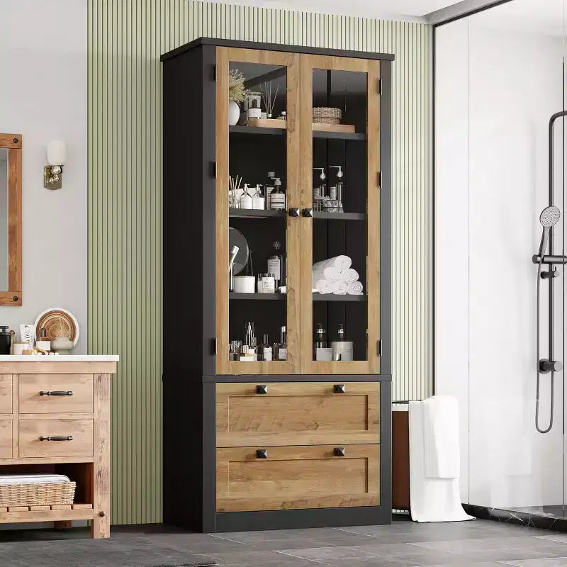 Farmhouse Kitchen Pantry Cabinet with Glass Doors, 72in Storage Cupboard with Drawers and Adjustable Shelves for Dining Room Bathroom Living Room
