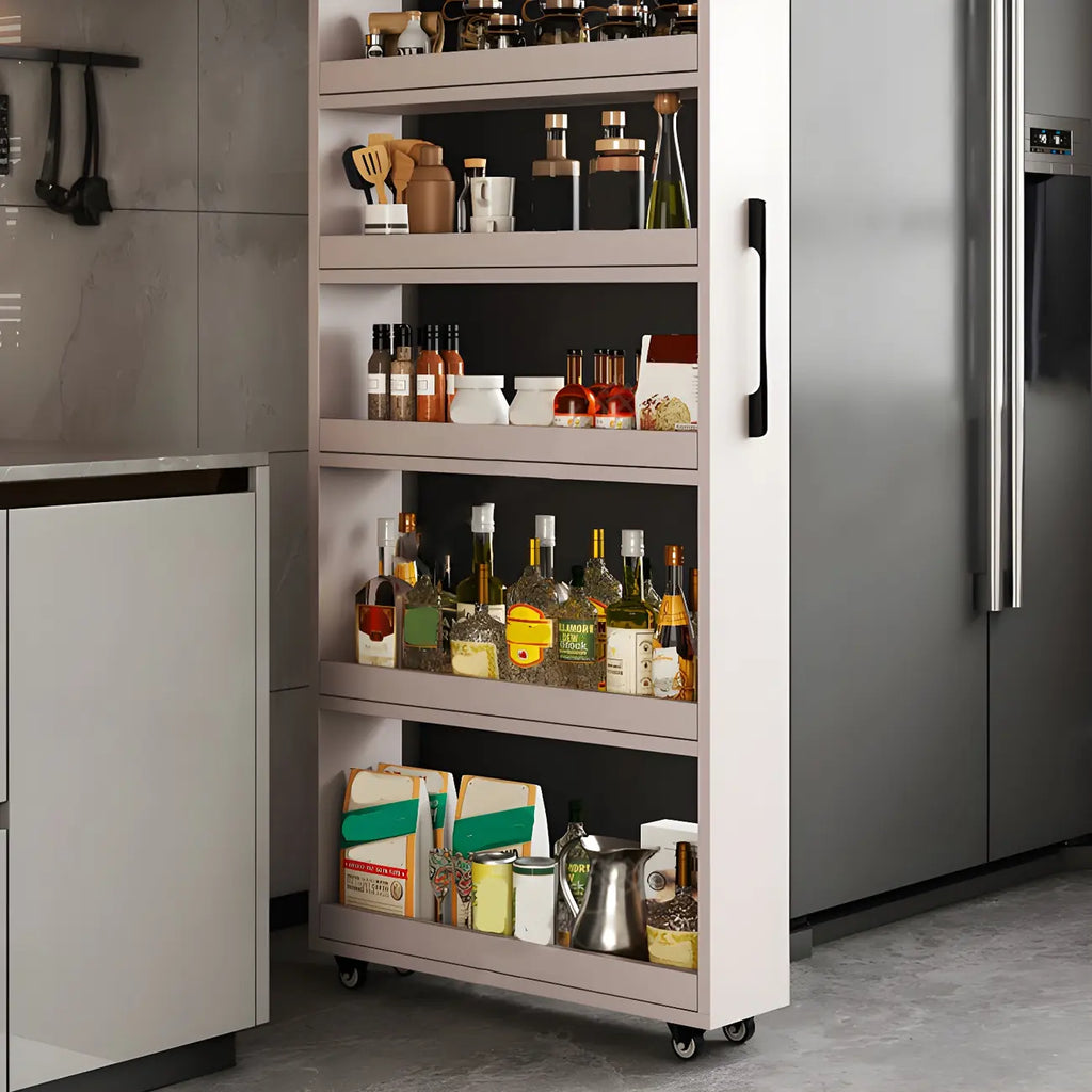 Buffet moderne en bois avec étagères ouvertes et roulettes