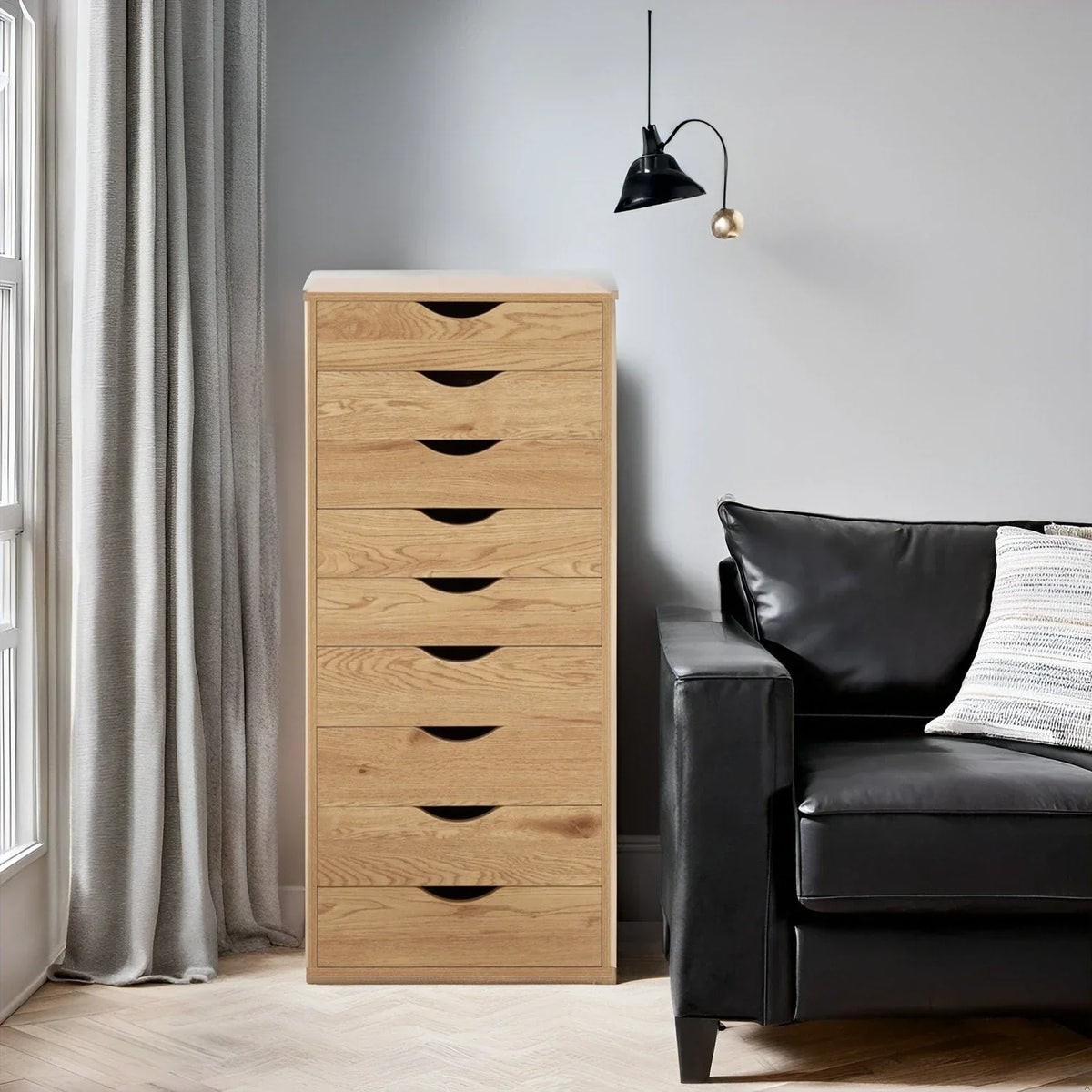 Smalle houten kast met 9 laden, soepel glijdende laden en bovenste opbergplank