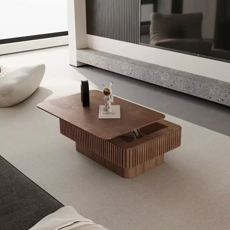 JVNOXK 38,6'' gecanneleerde salontafel met liftblad en opbergruimte, moderne accenttafel van massief houtfineer met verstelbare hoogte voor woonkamer en slaapkamer, walnootkleur