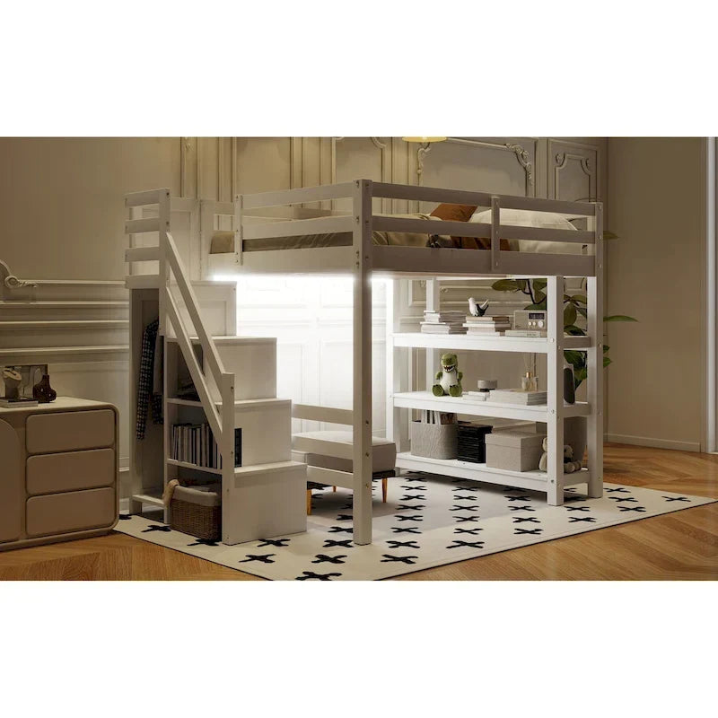 Hoch-/Etagenbett in Full-/Twin-Größe mit Stauraumtreppe – Regale, Kleiderschrank und LED-Beleuchtung, platzsparendes Design