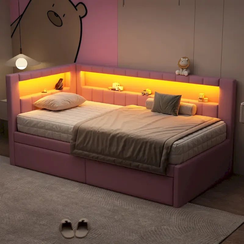Gestoffeerd platformbed met USB-poorten en ledverlichting - bedframe voor tweepersoonsbed/twin-size met 2 opberglades - moderne slaapkamer