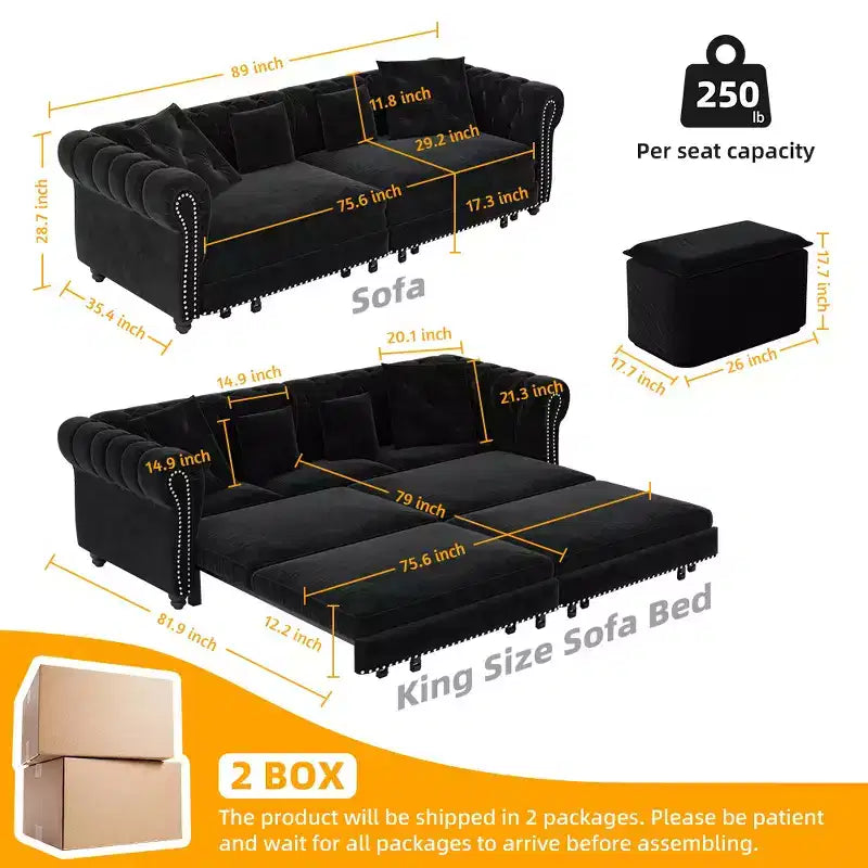 Whisen Samt-Schlafsofa in King-Size mit Ausziehfunktion und 3-in-1-Funktion, wandelbares Schlafsofa mit beweglichem Hocker und Steppdesign