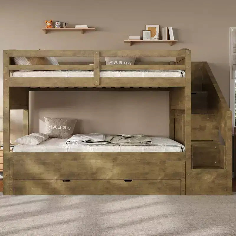 Whisen Twin XL Bunk Bed Frame with Trundle, Bunk Bed with Storage, Bunk Bed with Solid Wood, Storage Staircase, Wardrobe, 3Drawer, for Kids