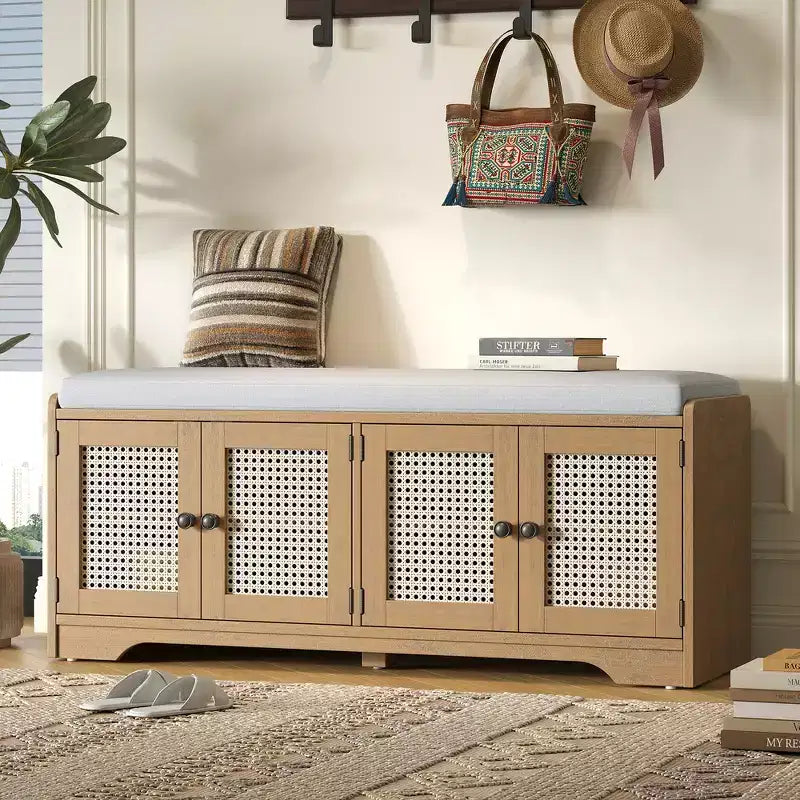 Whisen Rustic Wood Storage Bench, Entryway Shoe Bench with Removable Cushion, Adjustable Shelves