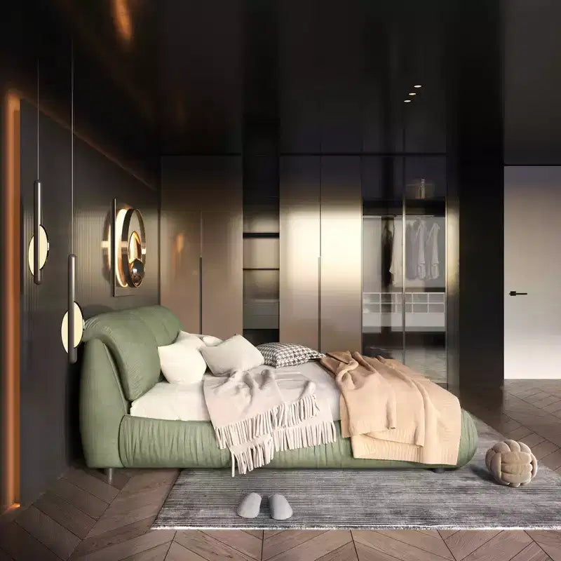 MAYEERTY luxuriöses Polsterbett in Queensize mit übergroßem gepolstertem Kopfteil und Massivholzrahmen, Grün