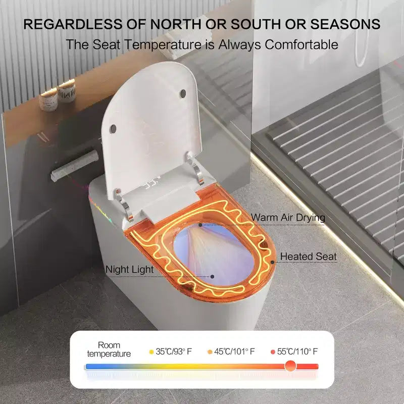 Dyonery Smart Toilet, Tankless One-Piece with Foam Shield, Auto Open/Close Lid, Heated Bidet & Dryer, LED Night Light, Auto Flush