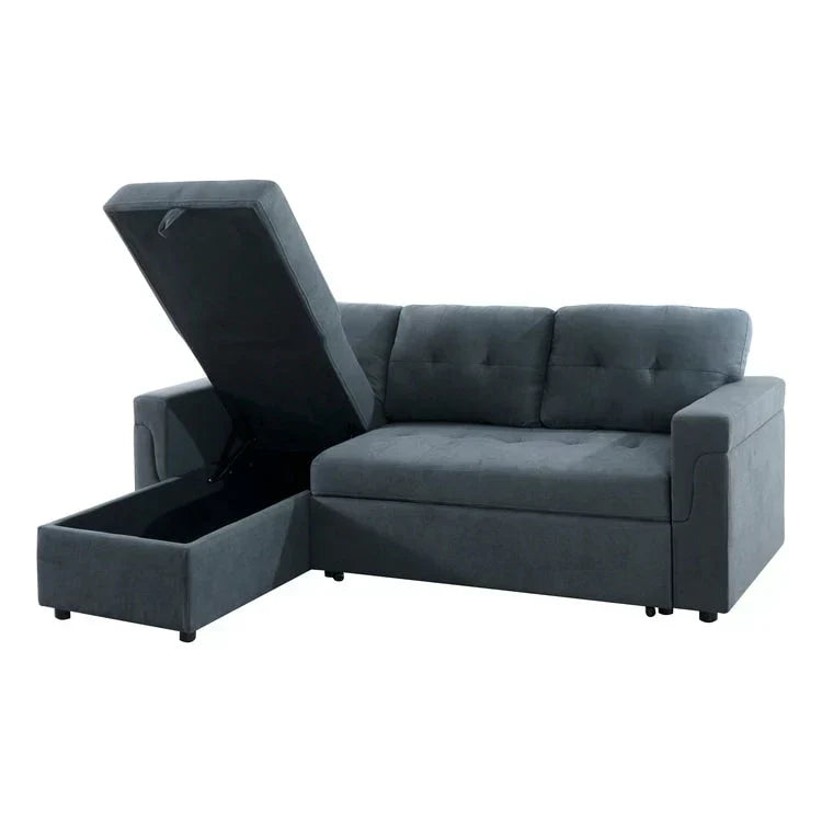 Divano componibile reversibile trasformabile con letto estraibile, chaise longue con contenitore nascosto e gambe resistenti