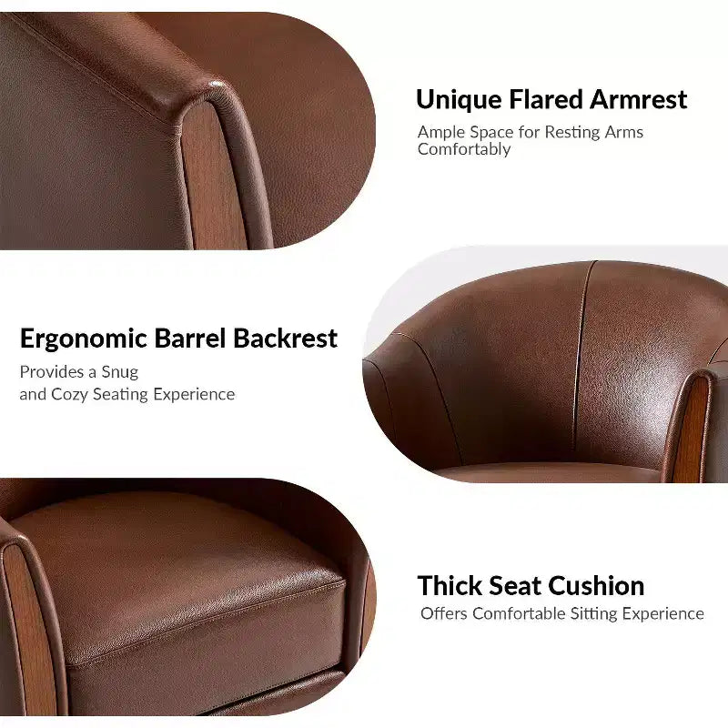 Juego de 2 sillones giratorios tipo barril Pocono de cuero genuino, de estilo transicional, con base de madera maciza, Artful Living Design