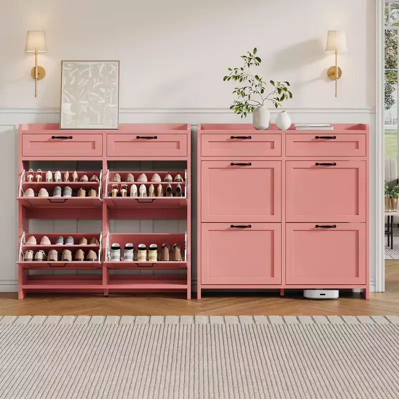 Shoe Cabinet with 4 Flip Drawers & 2 Top Drawers, Wooden Shoe Organizer Cabinet with Adjustable Shelf, Freestanding Shoe Storage Cabinets