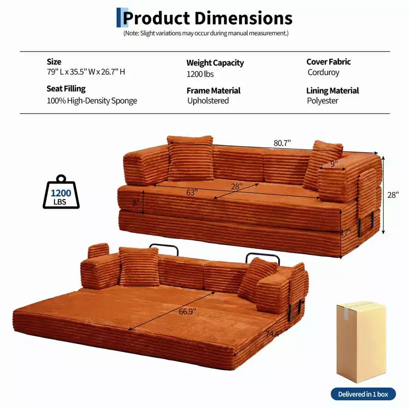 Sofá cama convertible 5 en 1 de 80,7, de pana, soporta 1200 lb, sin ensamblaje