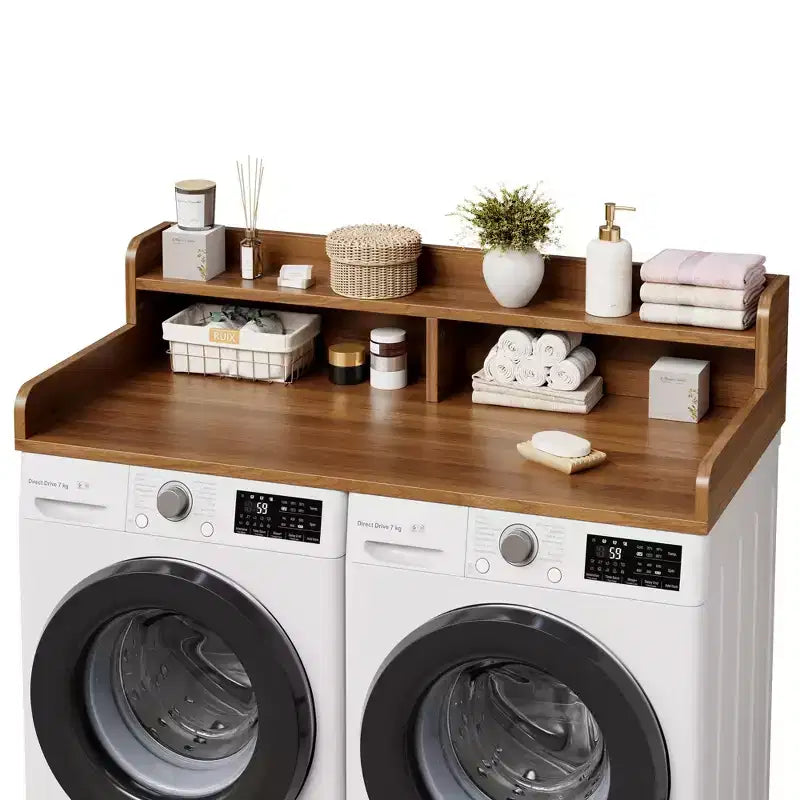 Houten opzetblad voor wasmachine en droger, 54 inch aanrechtblad voor de wasruimte met opbergplank met 2 niveaus, antislip werkoppervlak met opstaande randen voor een georganiseerde wasruimte
