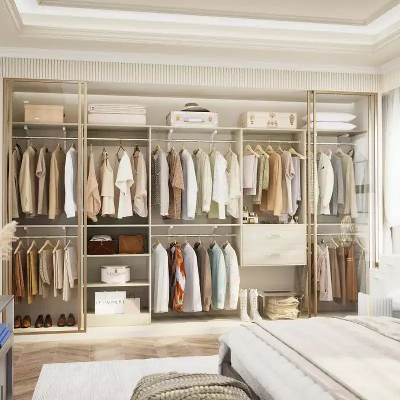 Freestanding Closet System with 8 Hannging Rods and Drawers, Hanging Closet Organizer with 10 Shelves
