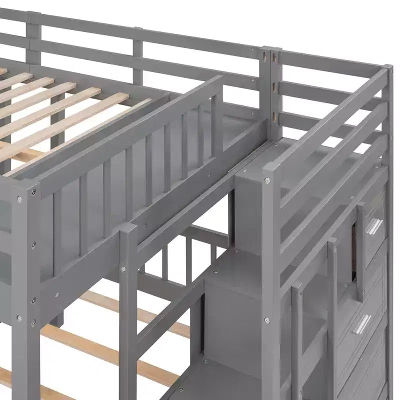 Whisen Full Over Twin & Twin Bunk Bed, Wood Triple Bunk Bed with Drawers and Guardrails