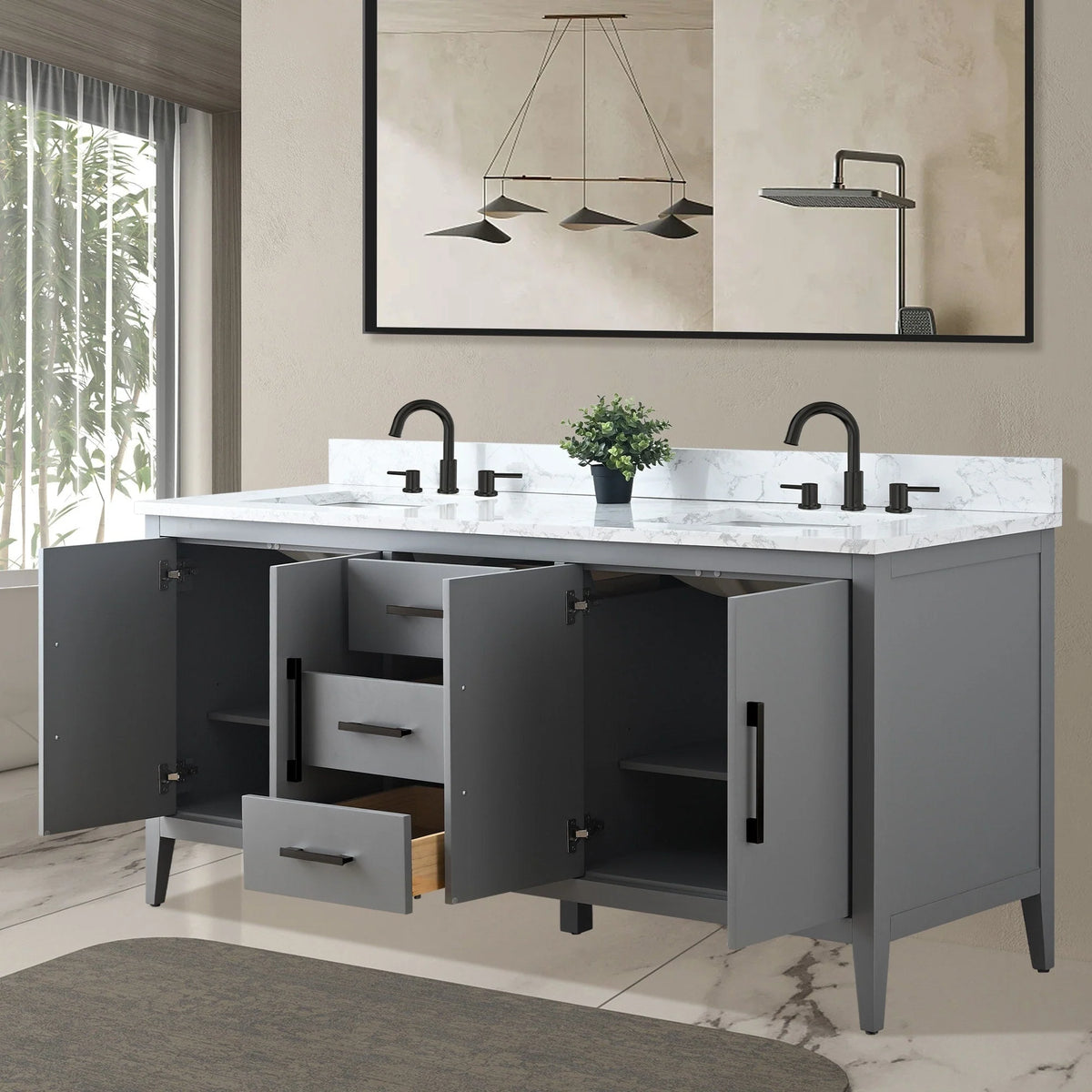 Vanity Art 72 badkamermeubel met dubbele wastafel en blad van composietmarmer