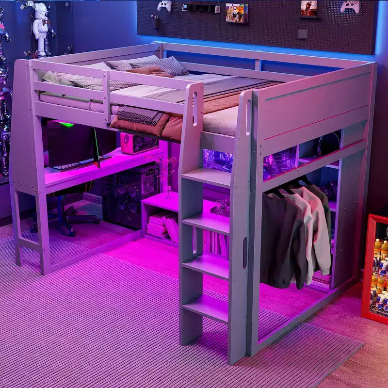Whisen houten gaminghoogslaper voor eenpersoonsmatras met bureau, meerdere opbergplanken, ledverlichting en hangende kledingroede