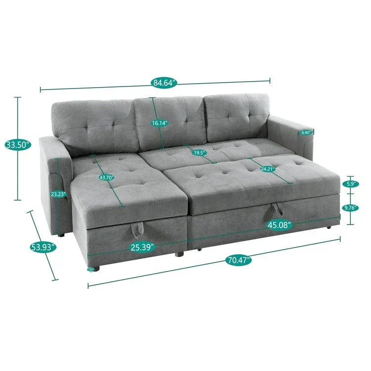 Divano componibile reversibile trasformabile con letto estraibile, chaise longue con contenitore nascosto e gambe resistenti