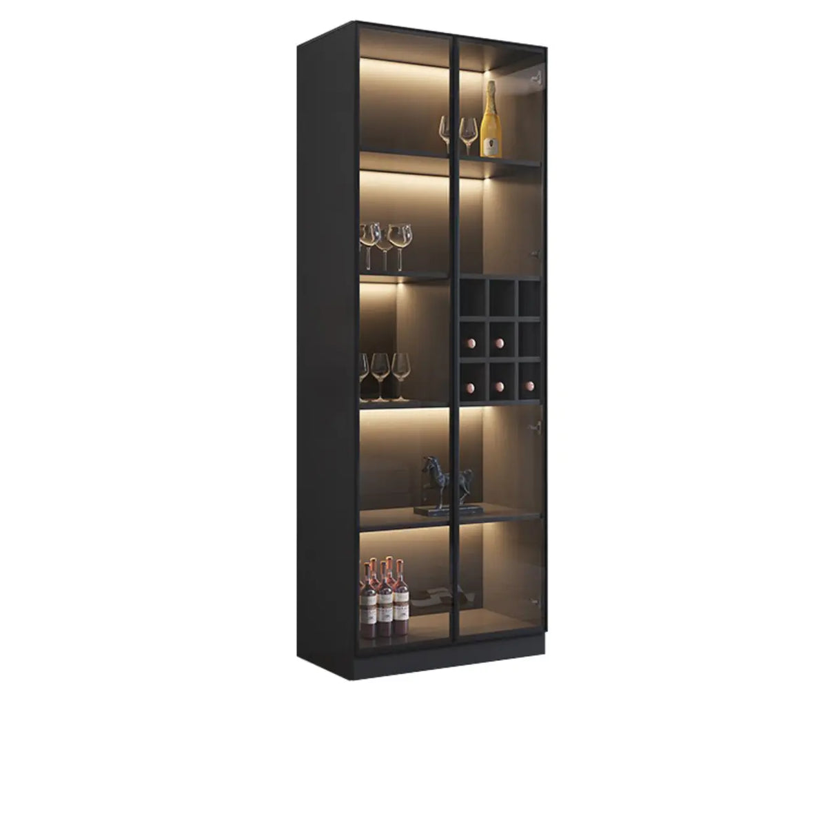 Minimalistischer schwarzer Weinschrank aus Holz mit Glastür