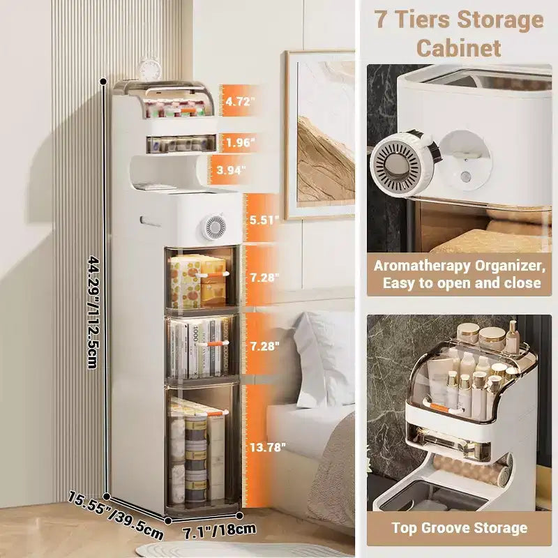 Schmaler Badezimmerschrank, 7-stufiger schmaler Aufbewahrungsschrank mit wasserdichten Organizern, Toilettenpapierhalter und Rollen, ideal für Bad, Küche und Waschküche